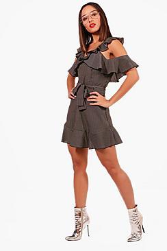 Boohoo Boutique Aly Stripe Cold Shoulder Skater Dress