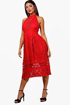 Boohoo Katie Lace Panelled Detail Midi Skater Dress