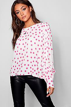 Boohoo Spot Print Rouched Sleeve Blouse