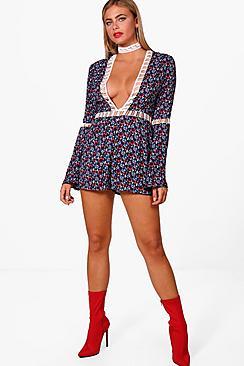 Boohoo June Crochet Choker Detail Flare Neck Playsuit