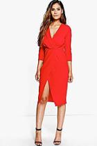 Boohoo Bai Crepe 3/4 Sleeved Wrap Detail Midi Dress