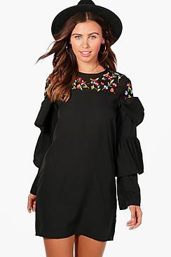 Boohoo Petite Amelia Ruffle Sleeve Embroidered Dress