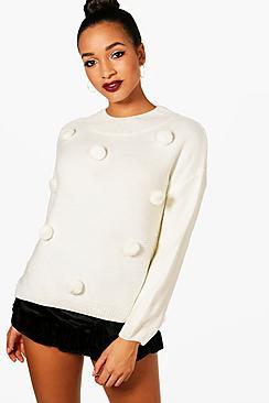 Boohoo Mila Faux Fur Pom Pom Jumper