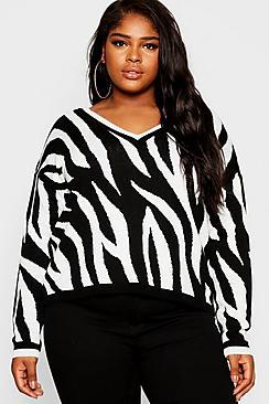Boohoo Plus Zebra V Neck Oversized Jumper