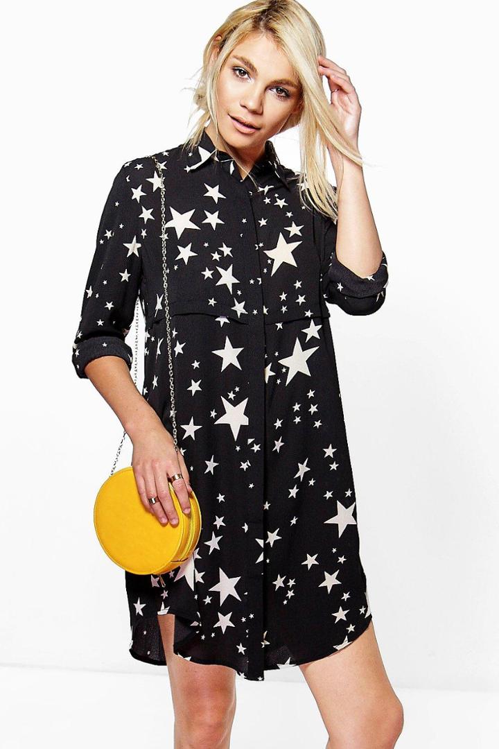 Boohoo Bowie Star Print Shirt Dress Black