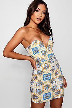 Boohoo Josie Scarf Print Plunge Bodycon Dress