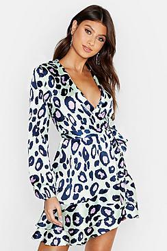 Boohoo Satin Leopard Wrap Tea Dress
