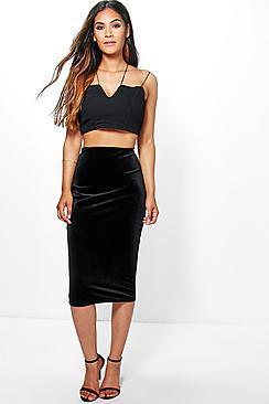 Boohoo Maya Velvet Midi Skirt