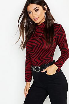 Boohoo Jersey Zebra Print Roll Neck Top