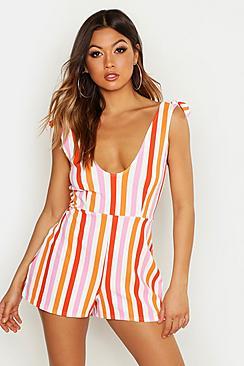 Boohoo Off Shoulder Tie Sleeve Stripe Playsuit