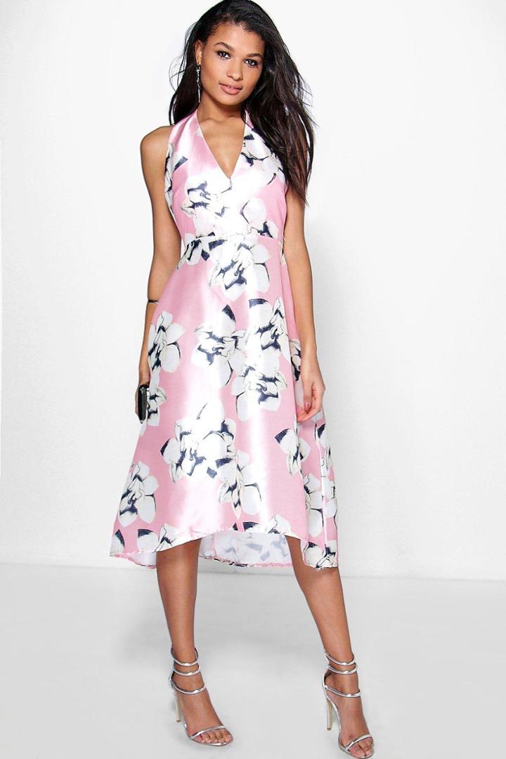 Boohoo Taylor Floral Sateen Halterneck Skater Dress Pink