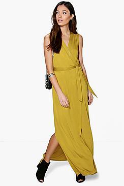 Boohoo Faye Sleeveless Tie Waist Wrap Maxi Dress