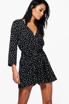 Boohoo Lara Polka Dot Wrap Front Playsuit Black