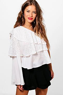Boohoo Joslyn Petite Ruffle One Shoulder Lace Top