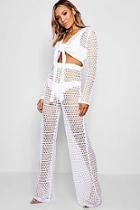 Boohoo Tie Front Crochet Flare Trouser Set