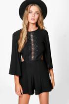 Boohoo Eve Cut Outside Crochet Middle Flare Sleeve Playsuit Black
