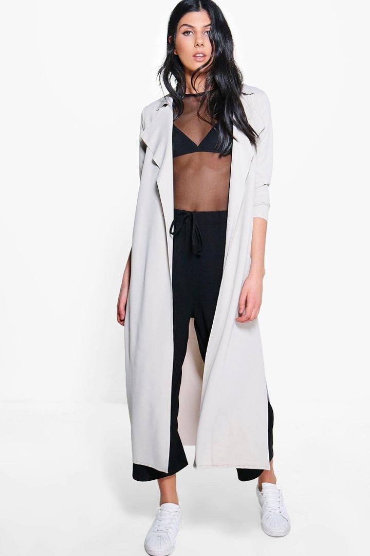 Boohoo Melanie Belted Waterfall Trench Stone