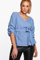 Boohoo Plus Darcy Chambray Wrap Front Blouse