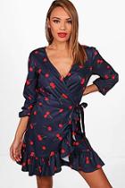 Boohoo Rita Ruffle Detail Cherry Print Tea Dress