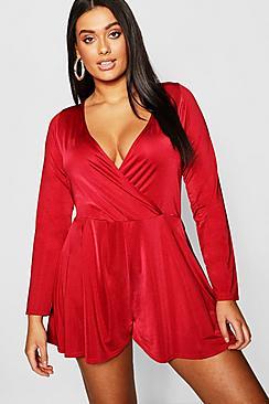 Boohoo Plus Slinky Wrap Over Long Sleeve Playsuit