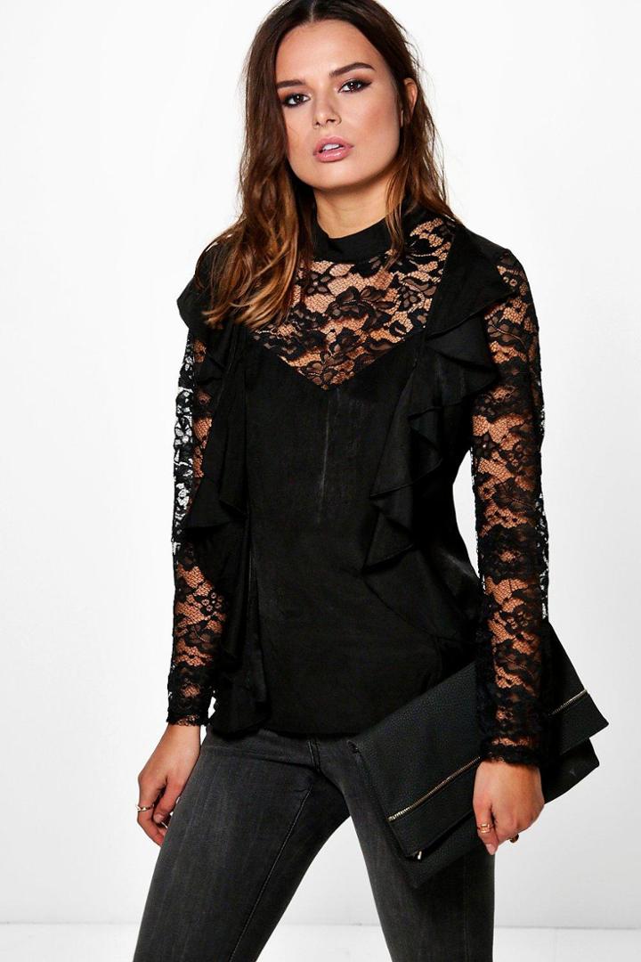 Boohoo Evie High Neck Lace Sleeve Blouse Black