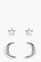 Boohoo Florence Star & Moon Stud Earrings 2 Pack Silver