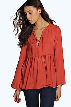 Boohoo Tall Heather Lattice Front Bell Sleeve Blouse