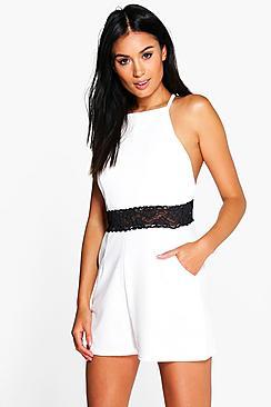 Boohoo Zena Cutaway Shoulder Lace Trim Playsuit