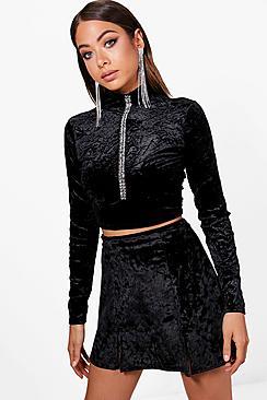 Boohoo Maise Crushed Velvet Double Split Mini Skirt