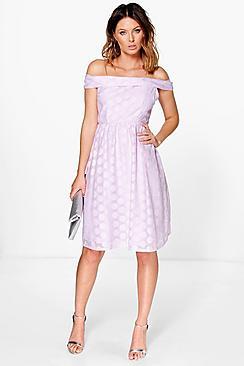 Boohoo Layla Polka Dot Organza Skirt Off Shoulder Dress