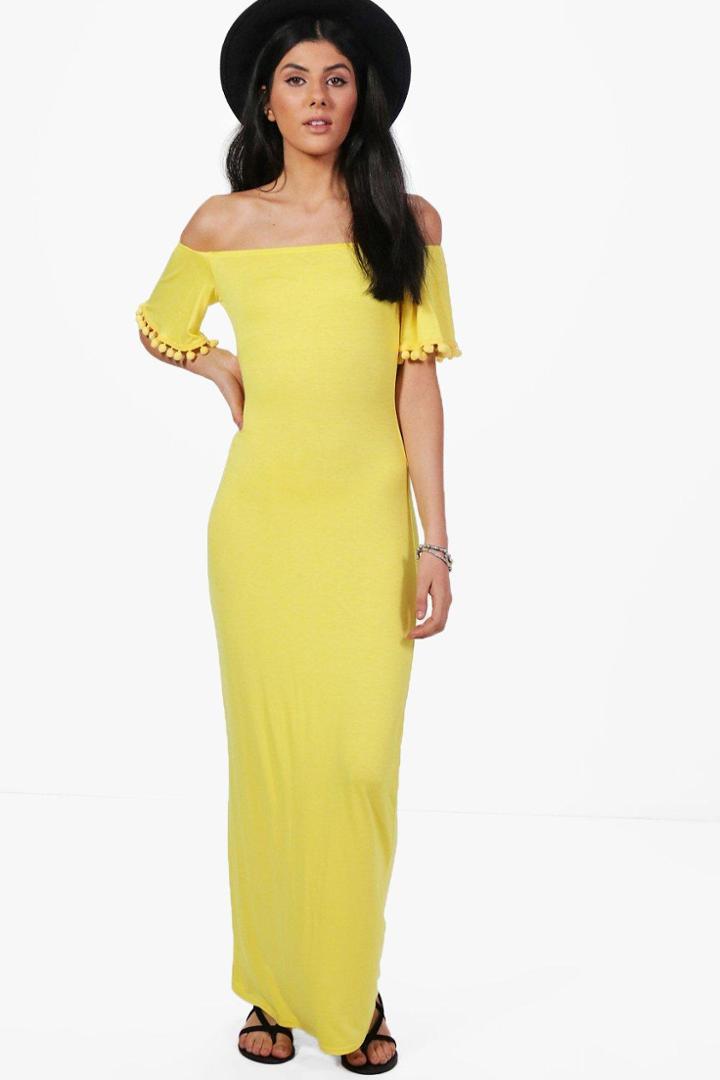 Boohoo Rosie Off The Shoulder Pom Pom Trim Maxi Dress Freesia