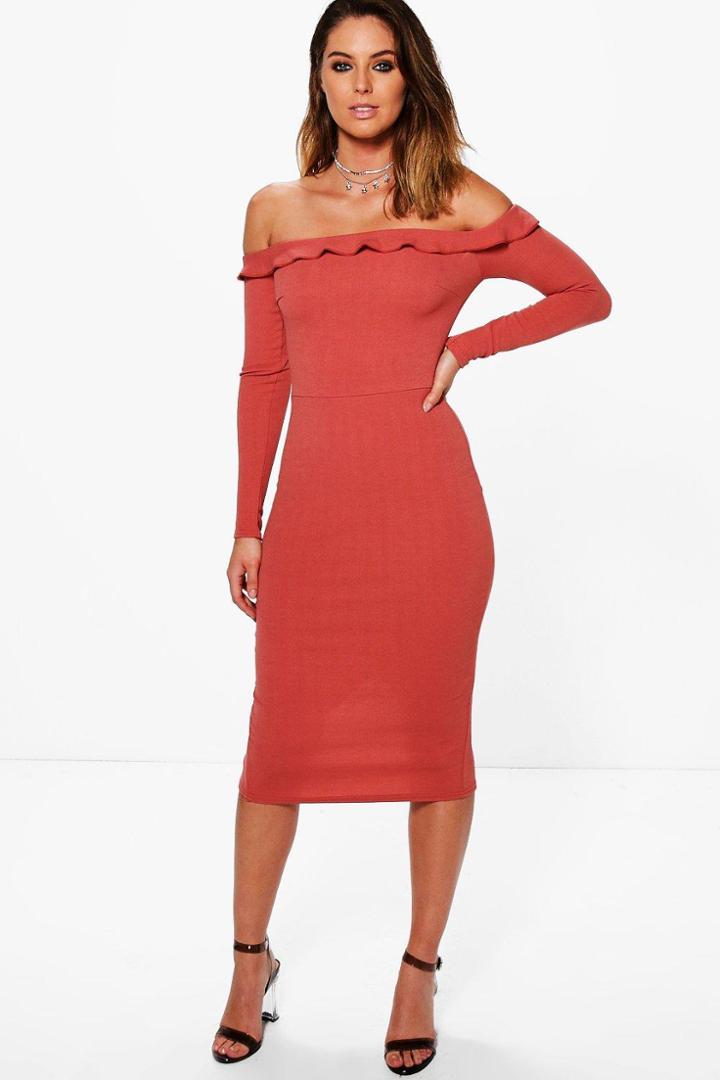 Boohoo Belle Frill Off Shoulder Midi Bodycon Dress Rose