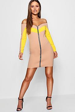 Boohoo Petite Zip Detail Bardot Bodycon Dress