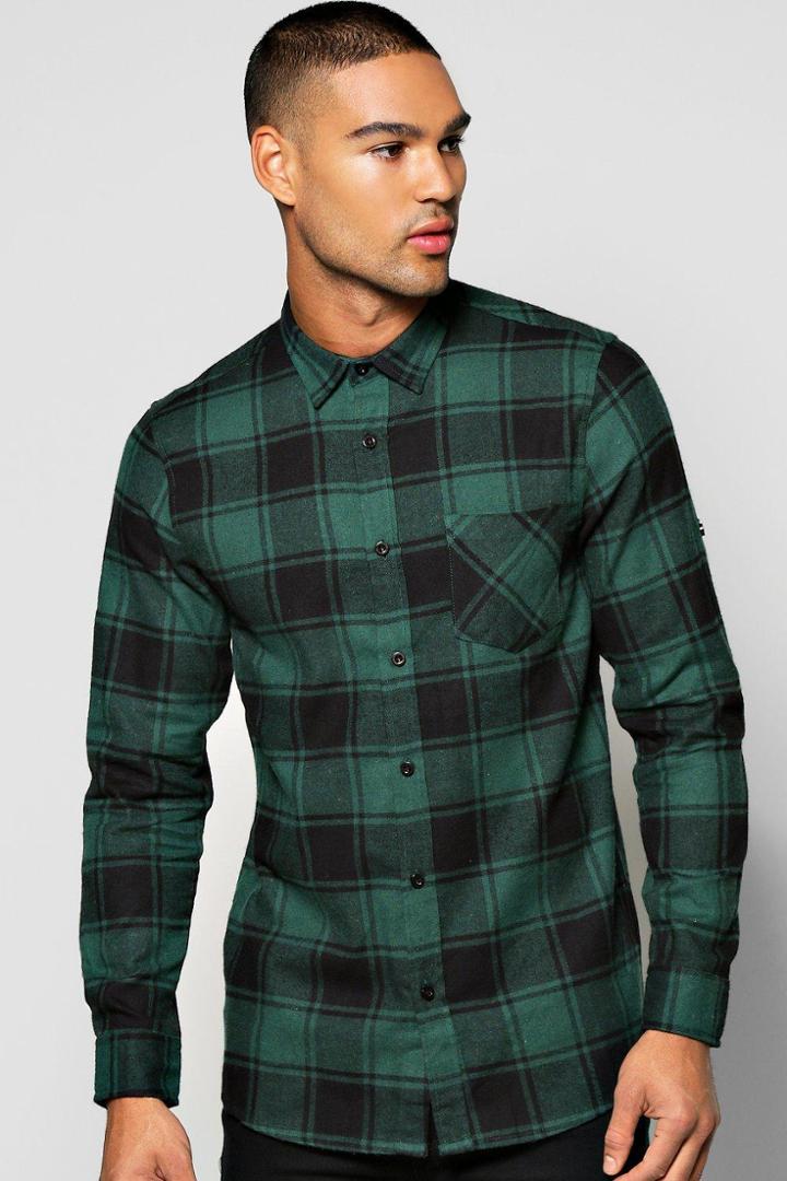 Boohoo Long Sleeve Brushed Flannel Shirt With Chest Pocket Khaki
