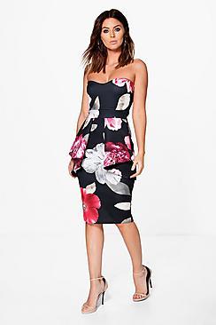 Boohoo Megan Floral Bandeau Peplum Midi Dress