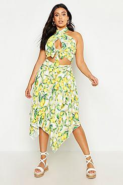 Boohoo Plus Lemon Stripe Hanky Hem Midi Skirt