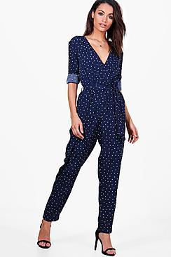 Boohoo Bethany Polka Dot Wrap Front Jumpsuit