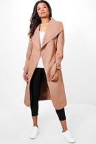 Boohoo Kerry Belted Wool Coat With Tie Cuff Detail