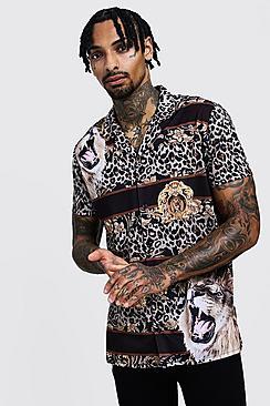 Boohoo Baroque Lion Print Short Sleeve Revere Shirt