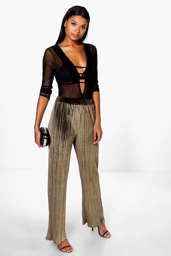 Boohoo Boutique Priya Pleated Velvet Wide Leg Trousers Khaki
