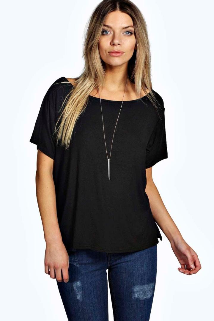 Boohoo Holly Slash Neck Oversized Tee Black
