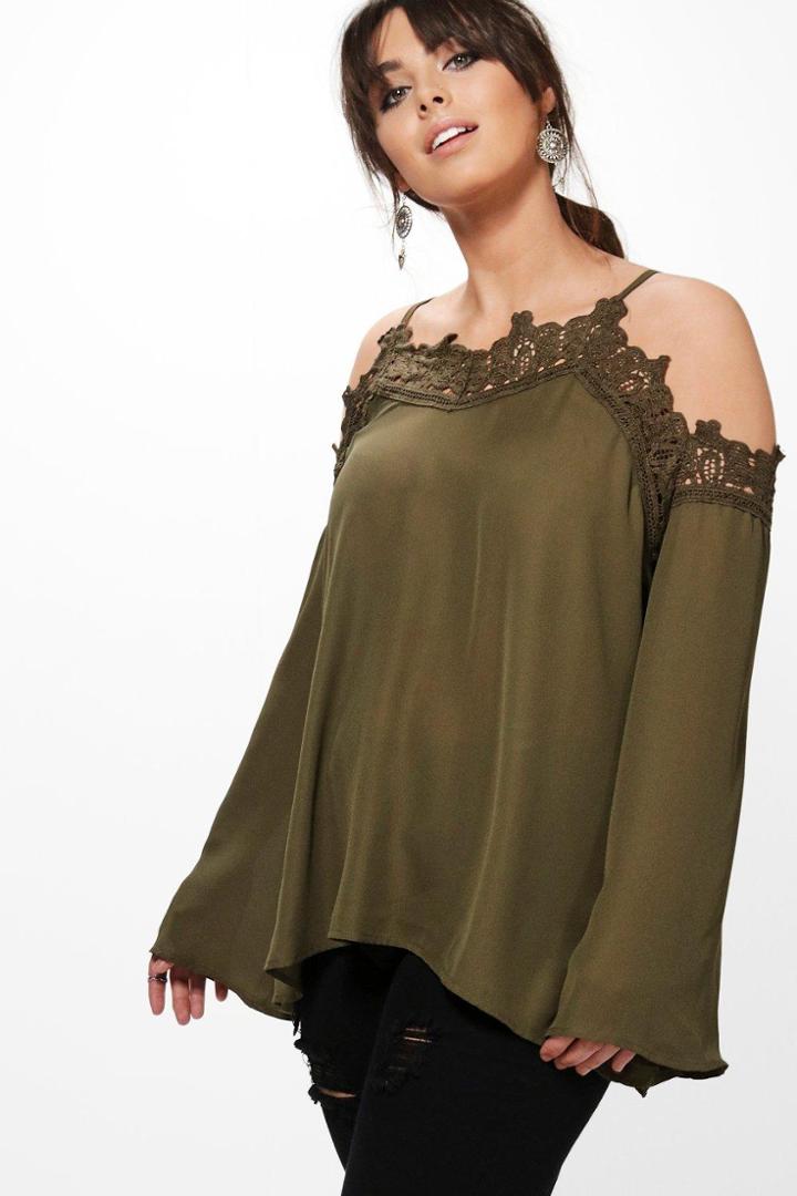 Boohoo Plus Kaitlyn Trim Detail Open Shoulder Blouse Khaki