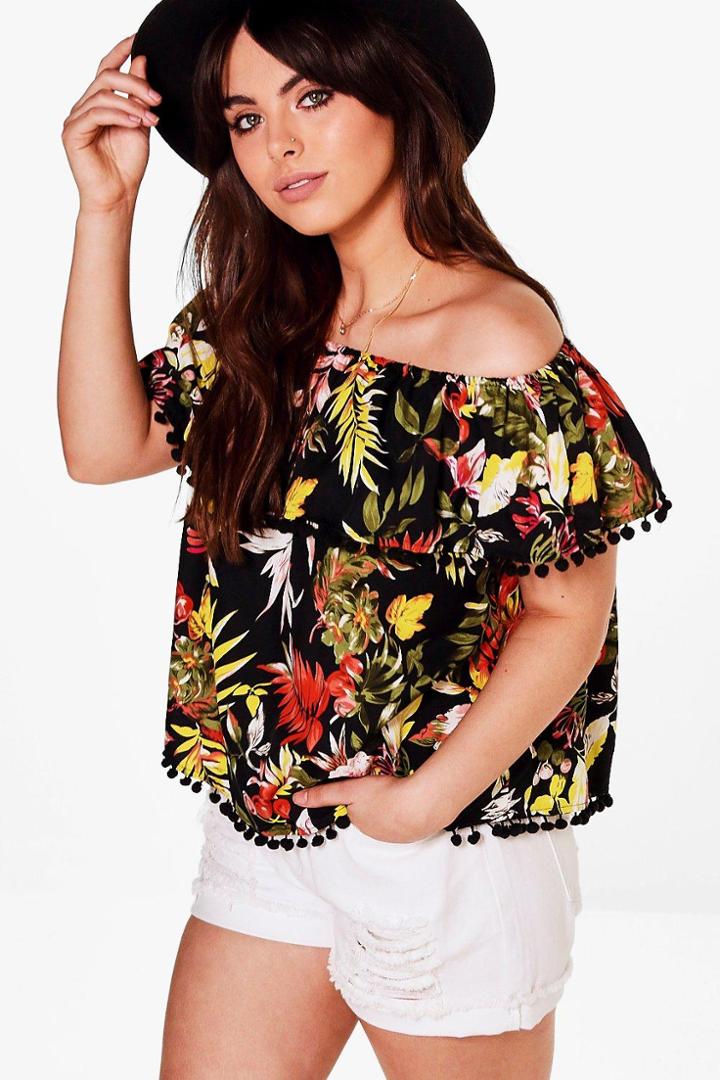 Boohoo Plus Amy Tropical Off The Shoulder Pom Pom Top Multi