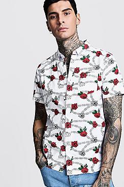 Boohoo Rose Chain Print Short Sleeve Cotton Shirt