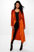 Boohoo Rubie Velvet Waterfall Longline Belted Duster Cinnamon