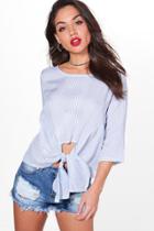 Boohoo Imogen Stripe Woven Tie Front Shirt Blue