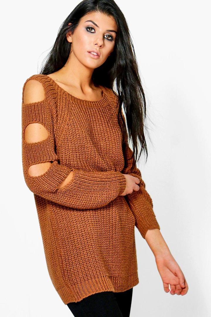 Boohoo Amelia Open Arm Knitted Jumper Tan