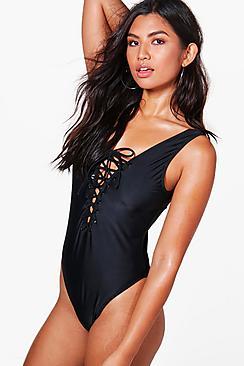 Boohoo Madrid Eyelet Lace Up Swimsuit