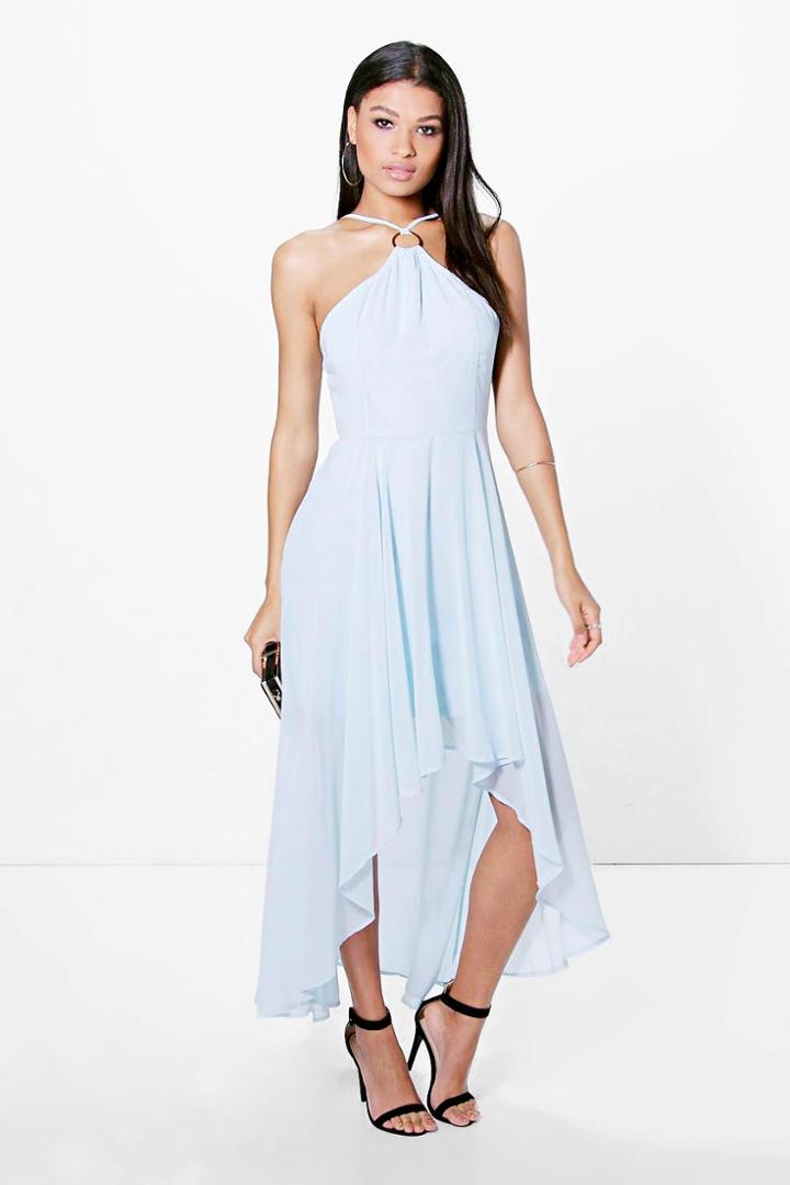 Boohoo Sachiko Strappy Ring Detail Dip Hem Dress Sky