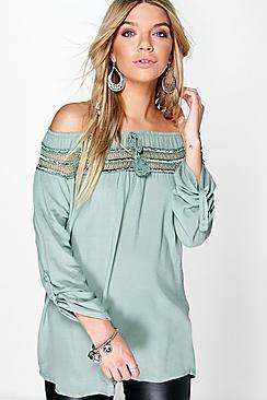 Boohoo Maisie Crochet Off The Shoulder Tie Woven Top